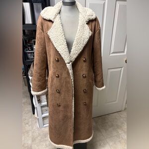 SHEIN Camel Sherpa Lined Long Coat - Size M